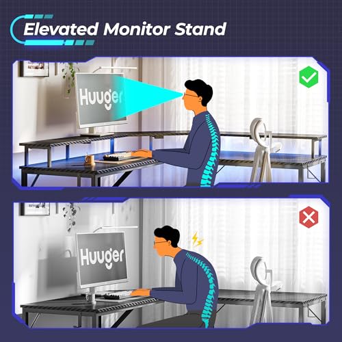 Huuger L Shaped Gaming Desk with Power Outlets & LED Lights, Computer Desk with Monitor Shelves, Carbon Fiber Surface, Home Office Desk, Corner Gaming Desk with Hooks, Carbon Fiber Black