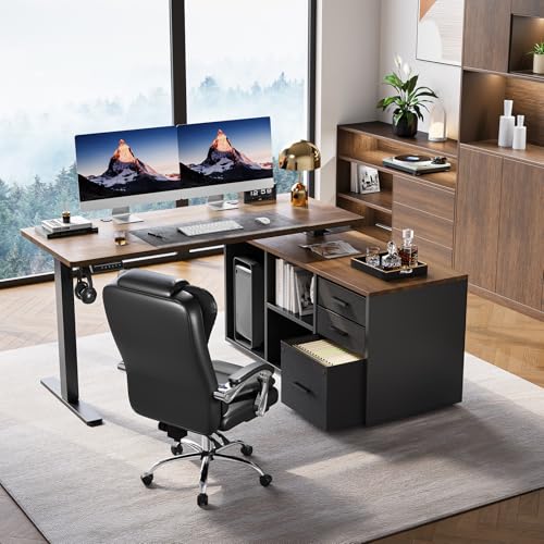 HUANUO 55 Inch L Shaped Standing Desk with Drawers, Electric Executive Desk with File Cabinet Sets, Adjustable Height Stand Up Desk, Home Office Computer Desk with 4 Memory Presets, Walnut