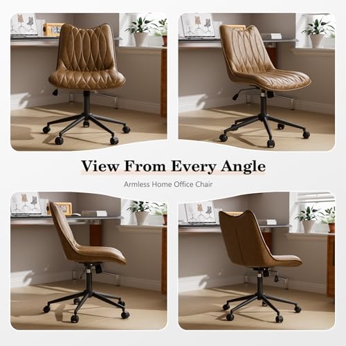 Bananister Armless Office Chair, Swivel Rolling Leather Desk Chair, Brown