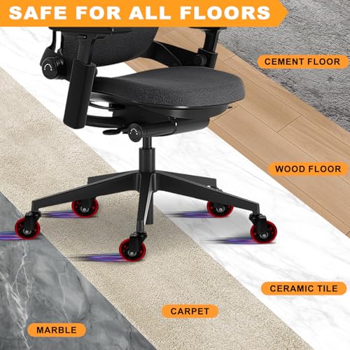 FreekyFit Office Chair Wheels for Casters Replacement - 3" Rubber Wheels for Computer Gaming Desk Caster Smooth & Safe Rolling for All Floors Including Hardwood and Carpet - Set of 5 - Red
