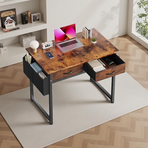 DUMOS 32" Home Office Computer Desk with Drawers, Small Gaming Writing Study Table with Storage Side Bag, Headphone Hook and Adjustable Feet for Bedroom Rustic Brown