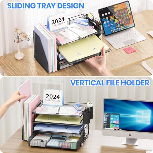 OPNICE Desk Organizer, 4-Tier Desktop File Organizer with Drawer and 2 Pen Holders, Office Desk Accessories, File Sorters, Workspace Organizers for Office Supplies(Black)