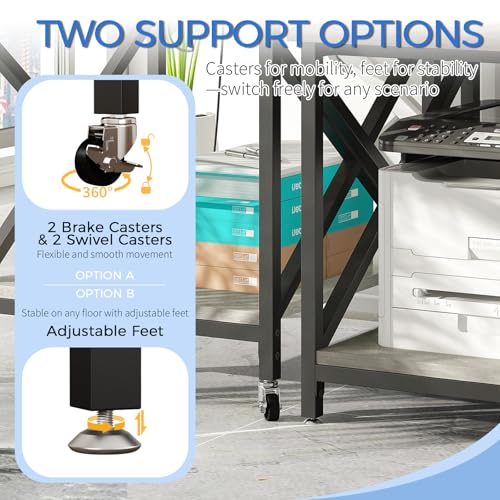 METYERRY Large Printer Stand with Power Outlet, with Storage Shelf, 2 Tier Rolling Printer Cart with Industrial Wheels, 23.6 x 23.6 Inches Printer Table for Home Office,Greige