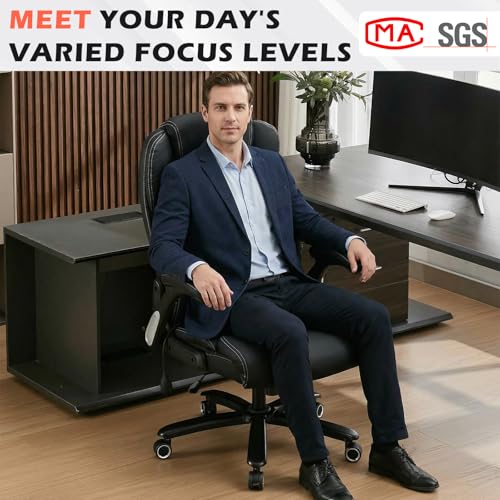 700lbs Big and Tall Office Chair - Heavy Duty Executive Desk Chair with Inflatable Lumbar Support, Extra Wide Padded Seat, Flip-up Arms, Metal Base & Quiet Rubber Wheels, High Back Ergonomic Chair