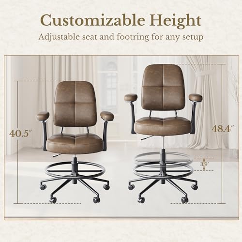Perledesign Drafting Executive Chair, Tall Office Chair with Padded Flip-Up Armrests, Mid-Back Cushioned Seat, 360° Swivel Rolling Computer Desk Chair for Standing Desk & Home Office, Vintage Brown