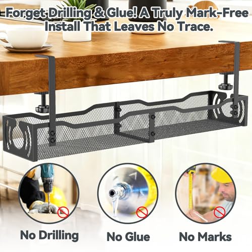 Cable Management, 25.3'' Under Desk Cable Management Tray No Drill, Metal Cable Organizer with Clamp for Wire Management, Cord Organizer for Home Office, Desk Accessories Organizer, Black