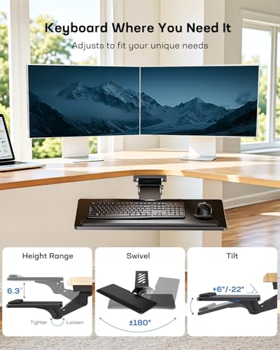 HUANUO Keyboard Tray Under Desk, Adjustable Ergonomic Keyboard & Mouse Tray, Flat Bottom Or Cross Beam Installation, Smooth Sliding Keyboard Holder for Typing in Home Office, Easy Setup, 25″W x 9.84″D
