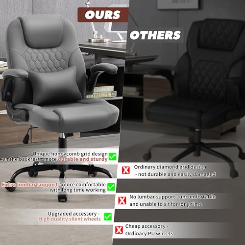 Nexthro Executive Office Chair PU,Leather Office Chair with Wheels,360° Swivel Rolling Chair with Padded Arms,Ergonomic Computer Chair with Lumbar Support for Short People Use (Grey)