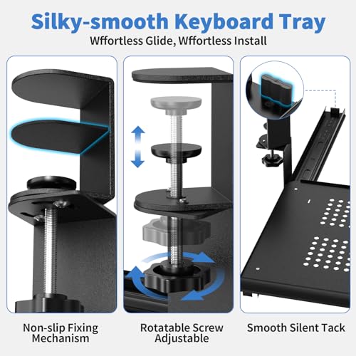 Strifuture Keyboard Tray Under Desk - Full Metal Slide Out Holder, Rust-Resistant & Scratch-Proof, Double C-Clamps, 26x13" Tray for L Shape/Regular Desks, Standing/Sitting Workstation(Black-B)
