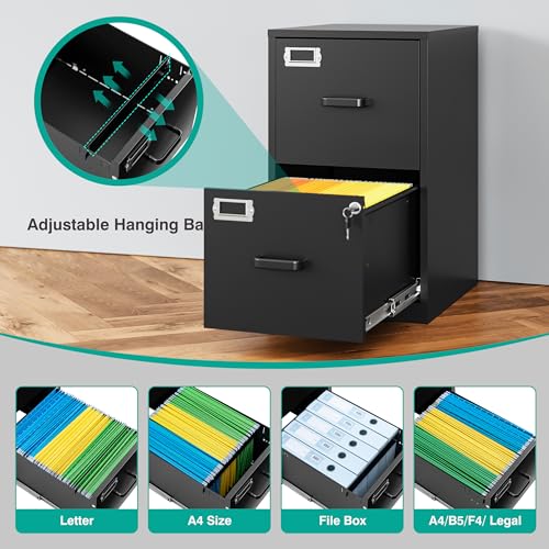 SISESOL 2 Drawer File Cabinet with Lock,Narrow Vertical Filing Cabinet,Under Desk File Cabinets,Black Metal File Cabinets for Home Office,Fit Letter/A4/Legal Size File, Easy Assembly