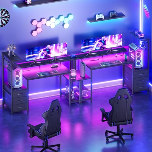 Korfile 48 Inch Gaming Desk with LED Lights & Power Outlets,Computer Desk with Fabric Drawers & Side Hook,Reversible Gamer Table with Monitor Stand for Game Room,Home Office,Carbon Fiber Black