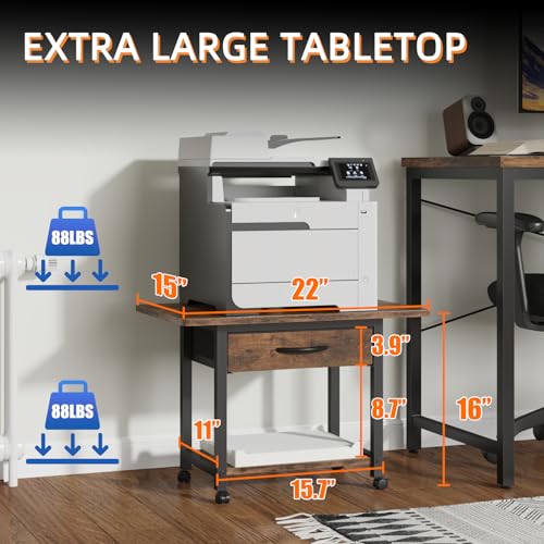 YAOHUOO 22"x15" Large Printer Stand with Drawer, 2-Tier Rolling Table Cart