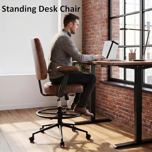 Marsail Ergonomic Drafting Chair for Standing Desk, 330lbs Heavy Duty Tall Office Chair with Adjustable Foot Ring & Flip-Up Arms, Comfort Brown Leather, 3.5" Thick Cushion