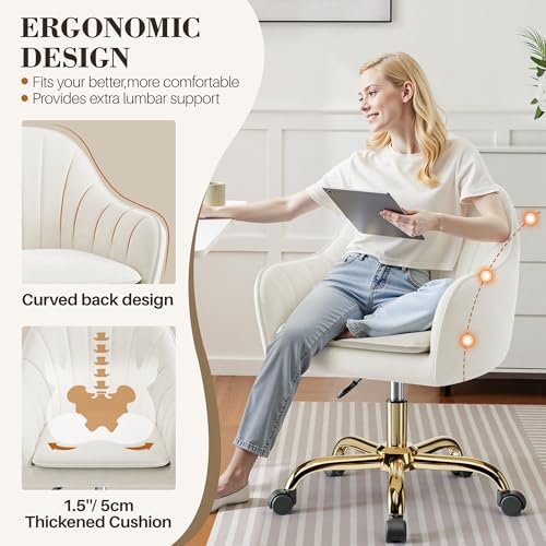 BestEra Vanity Chair with Wheels, Comfy Home Office Desk Chairs Adjustable Modern Velvet Makeup Vanity Chairs for Bedroom Living Room-Beige