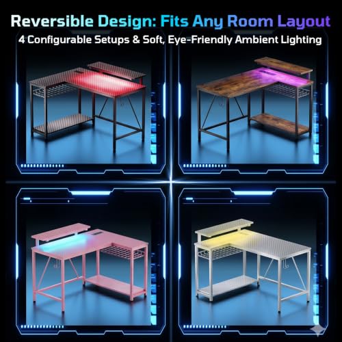 Bestier Gaming Desk with Power Outlets, 42" L-Shaped Computer Desk with LED Lights, Desk with Reversible Storage Shelves & Hooks for Small Spaces, Bedrooms & Offices, Black Carbon Fiber