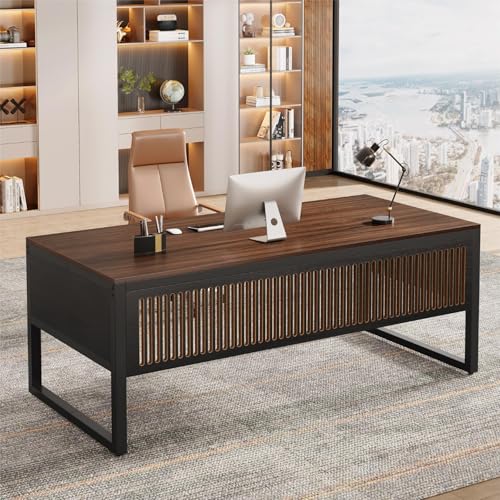 Tribesigns 63-Inch Executive Desk, Modern Home Office Desk for Workstation, Computer Desk with Sturdy Legs for Home Office (Dark Walnut & Black, Only Table)