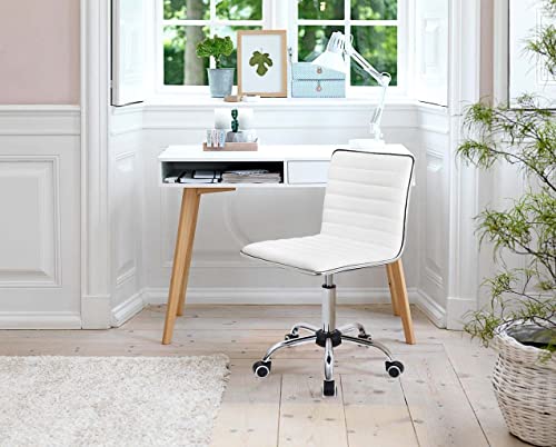 Furmax Vanity Office Desk Chair with Wheels, Armless Small Cute Leather Makeup Computer Task Chair Adjustable Height 360° Swivel (White)