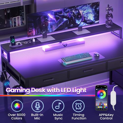SEDETA 55" Gaming Desk with 6 Drawers, Corner Gaming Desk with Storage & LED Lights, Reversible PC Desk with Power Outlet, Corner Computer Desk with Hutch, Monitor Stand, Side Hook, Carbon Fiber Black