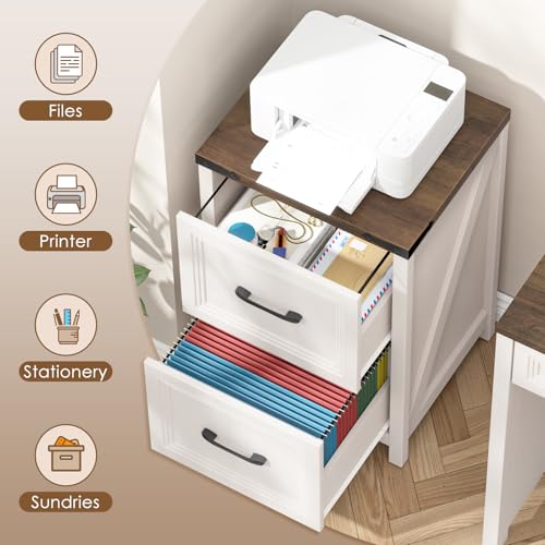 Vabches 2 Drawer Vertical File Cabinet, Wood Farmhouse Filing Cabinet Fits A4/Letter Size, Under Desk Small File Cabinets Printer Stand with Storage for Home Office, White and Brown
