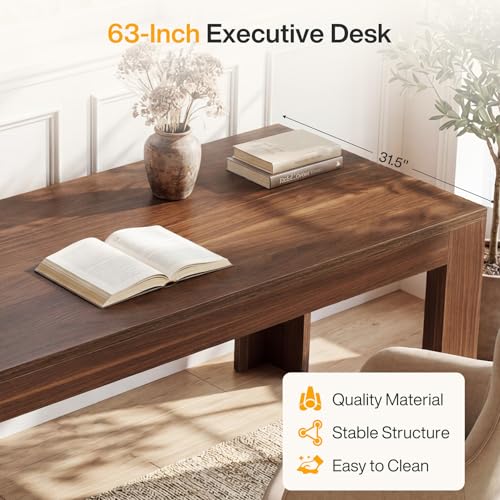 Tribesigns 63" Modern Home Office Desk, Long Wooden Computer Desk, Walnut