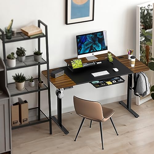 SHW 62-Inch Electric Height Adjustable Standing Desk with Monitor Riser and Drawer, Walnut