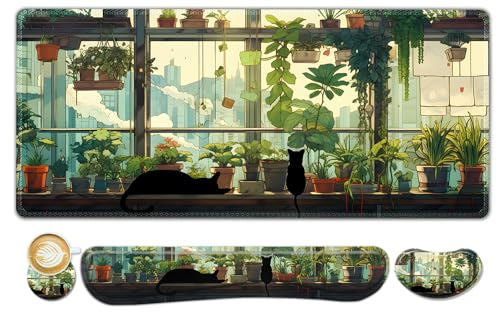 ToLuLu Extended Gaming Mouse Pad, Memory Foam Ergonomic Keyboard Mouse Wrist Rest Support Set, Large Desk Mat with Stitched Edges, Non-Slip Base Mousepad Home Office, Cute Green Japanese Kawaii Cat