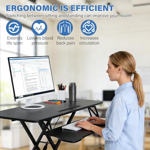 37" Height Adjustable Standing Desk Converter, Two Monitor Stable Stand up Desk Converter, 5.9"-18.8" Height Adjustable Laptop Workstation with Keyboard Tray, Desktop Riser for Home and Company