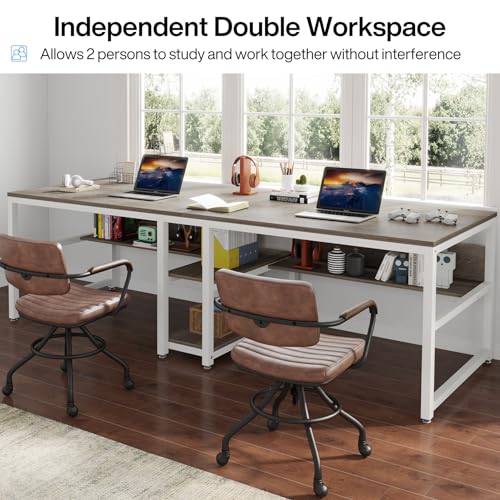 Tribesigns Two Person Desk with Bookshelf, 78.7 Computer Office Double Desk for Two Person, Rustic Writing Desk Workstation with Shelf for Home Office (Gray/White)