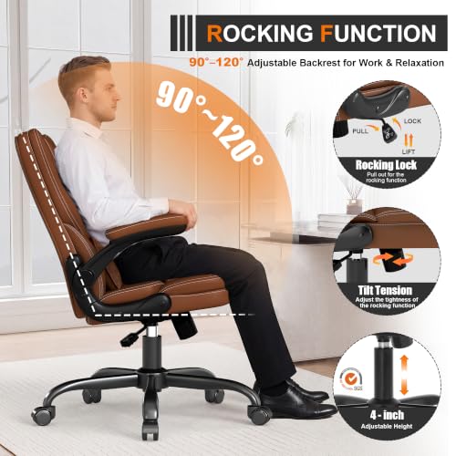Ergonomic Office Chair with Flip-up Armrests, 300lbs Mid Back Computer Desk Chair with Lumbar Support, Executive Leather Chair with Rocking Function Adjustable Height for Home Office