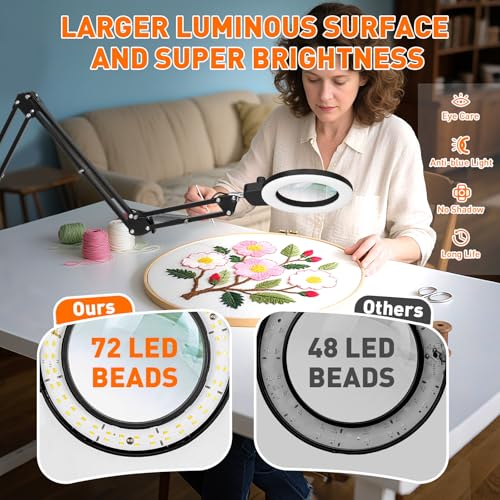 KIRKAS 12X Magnifying Glass with Light and Stand, Extra-Long Arm Magnifying Lamp Overhead Knob for Workbench Craft, Sewing, LED Lighted Magnifier Real Glass Lens Stepless Dimming and Color(35in Clamp)