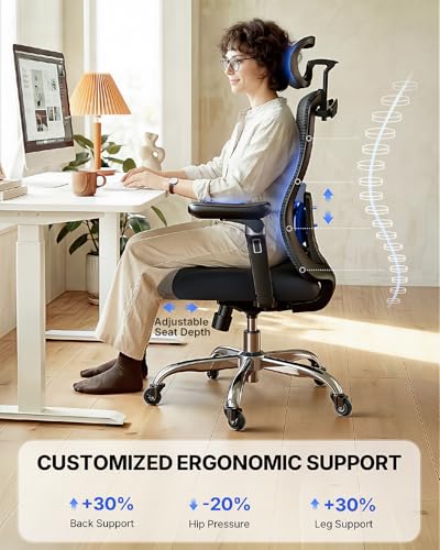 HUANUO Ergonomic Office Chair with 6D Armrest, Seat Depth Adjustment, Lumbar Support, Quiet Rubber Caster, High Back Mesh Gaming Chair with 3D Headrest, Big and Tall Desk Chair for Home Office, Black