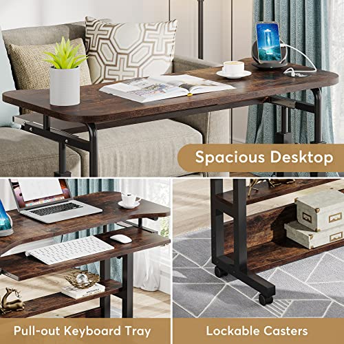 Tribesigns Portable Desk with Power Outlets, Height Adjustable Side Table Sofa Couch Bedside Laptop Computer Cart with USB Charging Ports, Mobile Small Standing Desk with Keyboard Tray