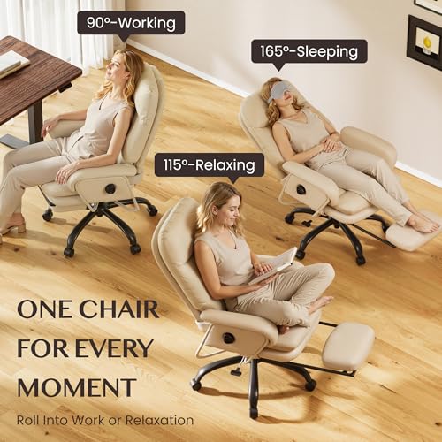 FLEXISPOT Multi-Task Ergonomic Office Chair with Footrest Computer Desk Chairs Indoor Lounge Chair with 90-165° 4-Level Reclining, Chairs for Working Relaxing Sleeping, PU Leather+Iron Base, White