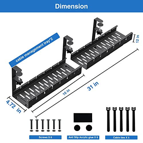 No Drilling Extendable Under Desk Cable Management, Metal Cable Management Tray Under Desk with Clamp, Retractable Power Strip Cord Holder for Wire Management 31Inch(1 Pack Black Extendable 31')