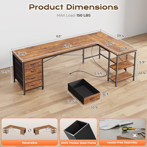 Huuger 63 Inch L Shaped Desk with Fabric Drawers, Computer Office Desk with Power Outlets and USB-C Port, Corner Desk with Storage Shelves, for Gaming Work Study Home Office, Reversible, Rustic Brown