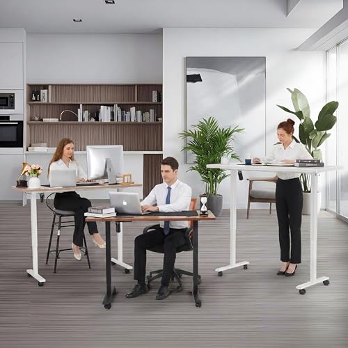 farexon Electric Standing Desk Adjustable Height, 71 x 28 Inch Sit Stand up Desk with Large Mouse Pad, Double Metal Hook,4 Wheels,4 Memory Preset Heights Home Office Computer Desk（Brown）
