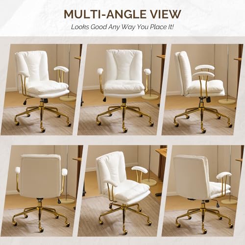 VINGLI Home Office Desk Chair Comfy with Wheels & Removable Armrests,Gold Base Vanity Chair with Back, Adjustable Rolling Swivel Computer Task Chair for Study,Makeup,Office,Bedroom,PU Leather,White