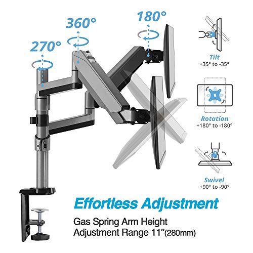 AVLT Dual 13 to 27 in Stacked Monitor Arm Desk Mount, Fits Two Flat or Curved Screens, Full Motion Height Adjustable Swivel Tilt Rotation, VESA C-Clamp Grommet Cable Management