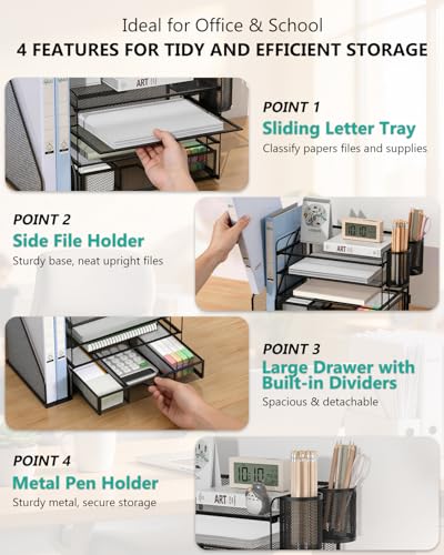 WALI Bundles- Computer Monitor Wall Mount and Desk File Organizer, 4 Tier Desktop Paper Letter Tray Organizer with Drawer and 2 Pen Holders (GSWM001+DO005DH-B)