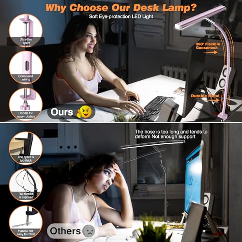 Airlonv LED Desk Lamp for Office Home, Eye-Caring Desk Light with Stepless Dimming Adjustable Flexible Gooseneck, 10W USB Adapter Desk Lamp with Clamp for Reading, Study, Workbench (Pink)