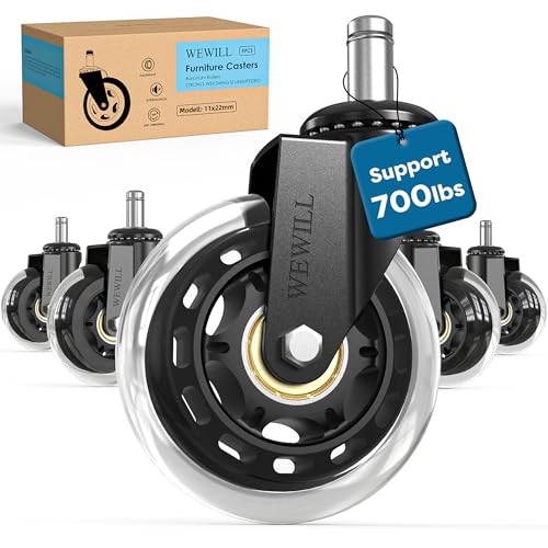 WEWILL Office Chair Wheels - Rubber Casters Replacement Universal Fit 98% Chair(Set of 5) Heavy Duty 3 Inch Smoothly & Quietly Safe for All Floor, Hardwood, Tile, Carpet, Noise Free - Clear