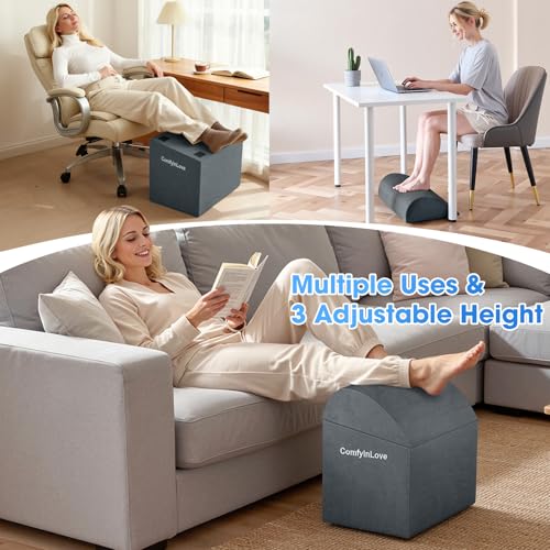 ComfyInLove Foot Rest for Under Desk at Work - Non-Slip Foot Stool with 3 Adjustable Heights, Ergonomic Under Desk Footrest with Washable Cover for Leg Elevation, Desk, Home, Office, Car (Dark Grey)