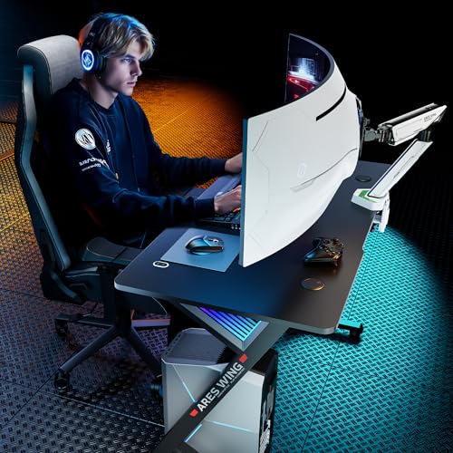 ARES WING Gaming Desk RGB 47 Inch - Z Shaped Gaming Table with LED Light and DIY Control Cable, Computer Desks for Home and Office, Black
