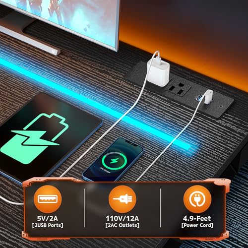 56 Inch Gaming Desk with Printer Shelf and LED Lights,Reversible Computer Desk with Drawers and Power Outlets,Study Table with Hooks for Headphone,Bags,Black Desk Work Desk for Teen Bedroom,Dorm