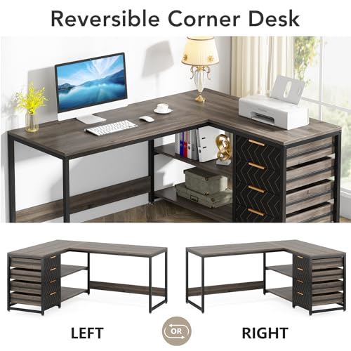 Tribesigns L Shaped Computer Desk with Storage Drawers, 59 inch Corner Desk with Shelves, Reversible L-Shaped Office Desk Writing Table Workstation for Home Office, Grey