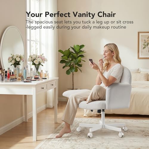HUANUO Criss Cross Office Chair for Women, Cross Legged Desk Chair with Adjustable Armrests, Soft Corduroy Fabric for Small Spaces, Petite Home Office Computer Chair for Girls, White