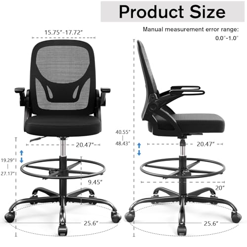 Alolo 450lbs Drafting Chair Tall Office Chair for Standing Desk with Flip-up Armrests,Ergonomic High Desk Chair with Lumbar Support and Adjustable Footrest Ring for Office,Black