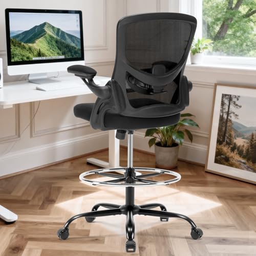 Heromate Drafting Chair Ergonomic Comuputer Standing Desk Chair with Flip-Up Arms and Lumbar Support, Tall Office Chair with Adjustable Footrest, Stool Counter Height Office Chairs Black