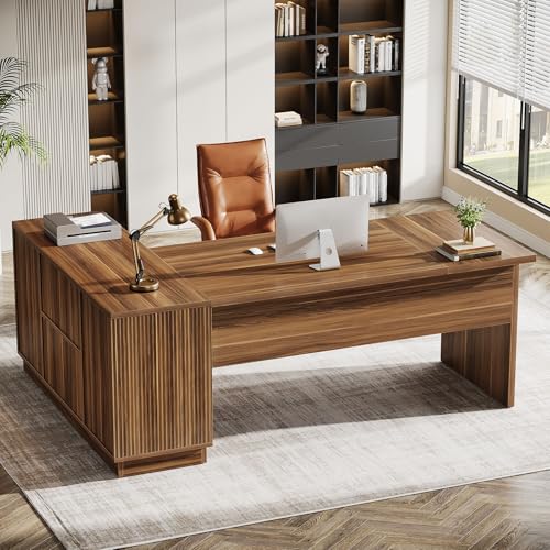 Tribesigns 70.8-Inch Executive Desk, L-Shaped Desk with with File Cabinet, Large Modern Office Desk with Storage Shelves, Fluted Business Furniture Workstation for Home Office, Walnut Brown
