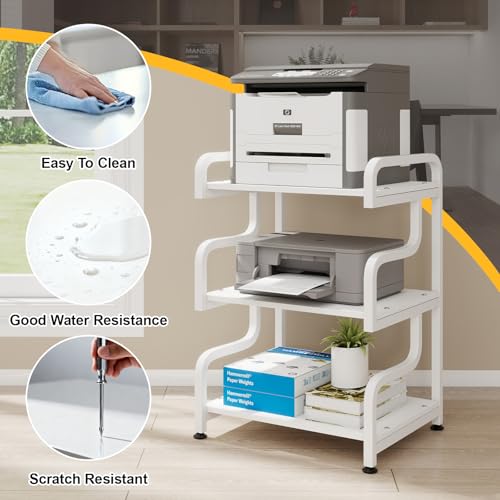 Natwind 3-Tier Printer Stand with Wheels Movable Storage Cart Floor-Standing Multi-Purpose Shelf Rack for Media Player Scanner Files Books Microwave Oven in Kitchen Living Room Home Office (White)